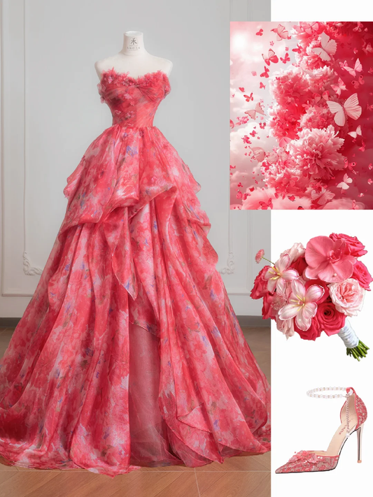 Princess Ball Gown Sweetheart Neck Print Floral Chiffon Prom Dress 16th Birthday Dress DP3874