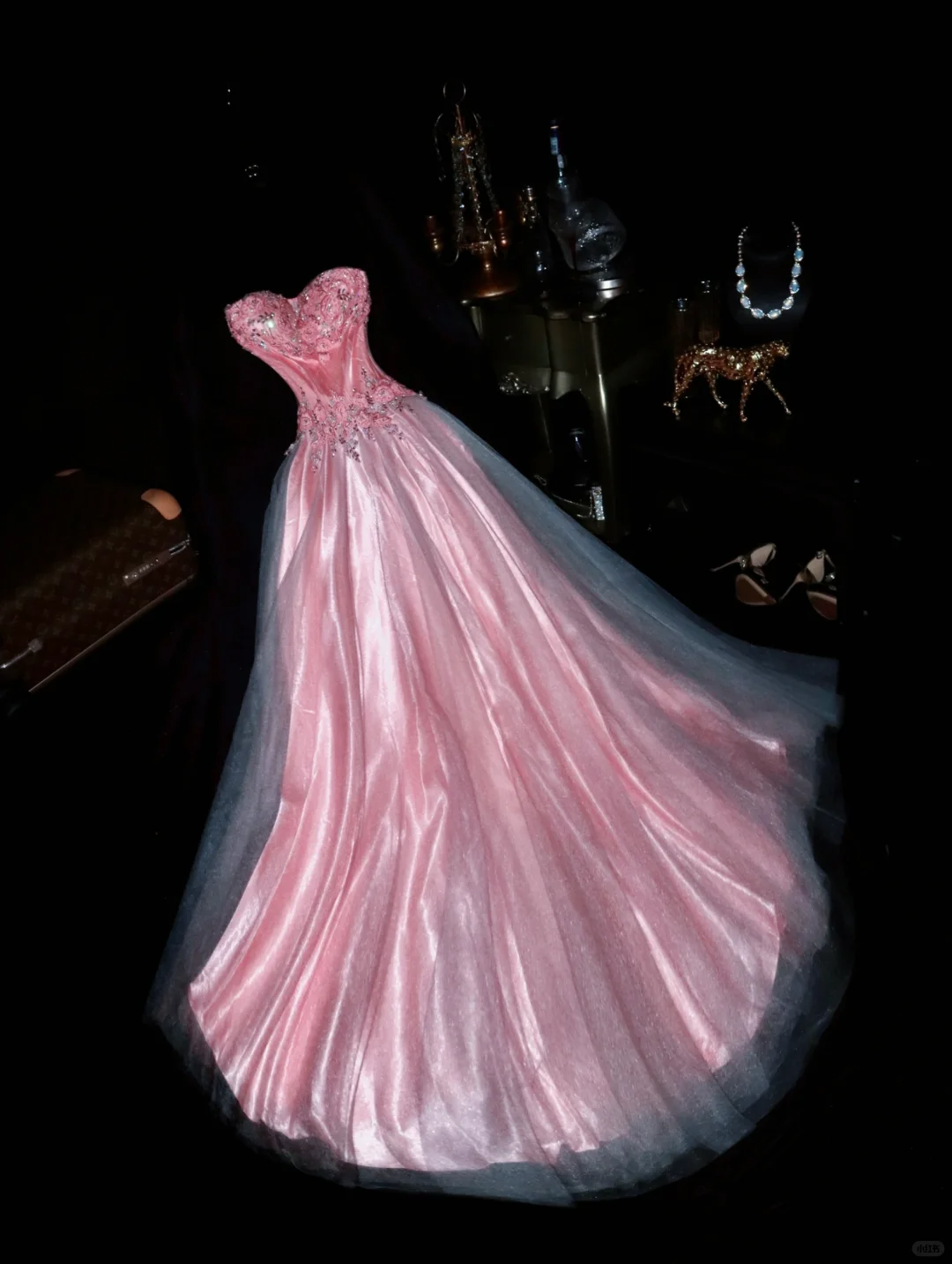 Vintage A Line Sweetheart Neck Beaded Pink Satin Tulle Long Prom Dress DP4423