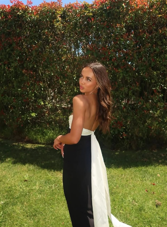 Sexy Classic Sheath Strapless Black-white Satin Long Prom Dress Graduation Prom Dress DP4963