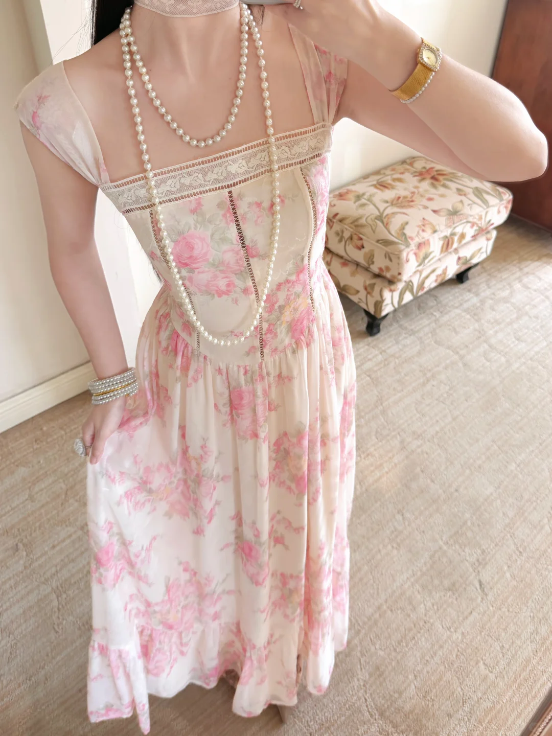 Sweety Pink Print Floral A Line Straps Chiffon Prom Dress Evening Dress DP6454