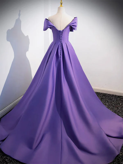 Purple Off Shoulder Satin Ball Gown Prom Dress DP531