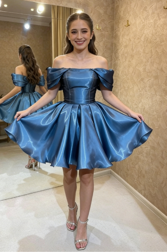 Blue A Line Off the Shoulder Satin Short Prom Dress Homecoming Dress Outfits DP4229