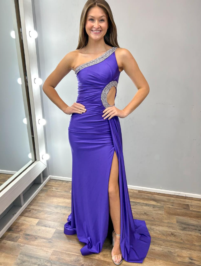 Sexy Purple Mermaid One Shoulder Beaded Satin Slit Long Prom Dress Evening Dress DP6524