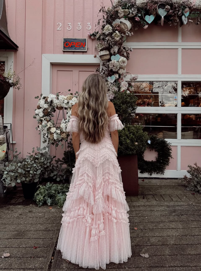 Princess A Line Off the Shoulder Tiered Light Pink Tulle Prom Dress Evening Dress DP1723