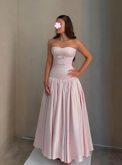 Sweety Light Pink A Line Strapless Satin Long Prom Dress Evening Dress DP6930