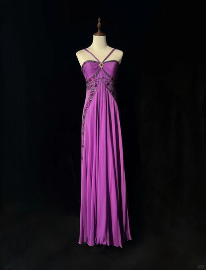 Retro A Line Halter Beaded Purple Chiffon Prom Dress Party Dress DP2772