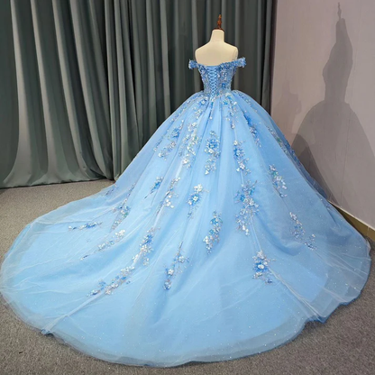 Blue Tulle Appliques Sweet 16 Birthday Party Dress Prom Dress Off The Shoulder Ball Gown DP240