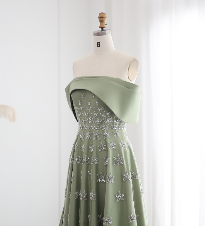 Elegant A Line Off the Shoulder Beaded Green Satin Prom Dress Evening Dress DP1904