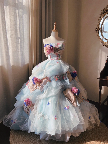 Dreamy Baby Blue Ball Gown Floral Tulle Prom Dress 16TH Birthday Dress DP5017
