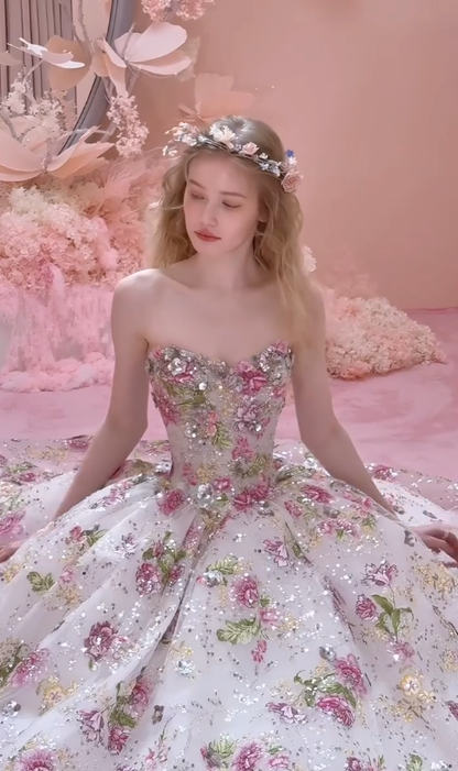 Romantic Pink Rose Ball Gown Strapless Exquisite Beaded Tulle Long Prom Dress DP4603