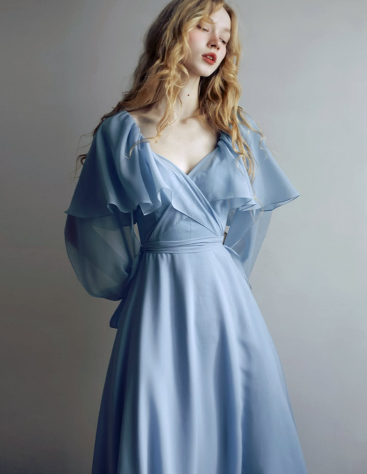 Flowy Chambray Blue A Line Long Sleeve Prom Dress Evening Dress Formal Dress DP3153