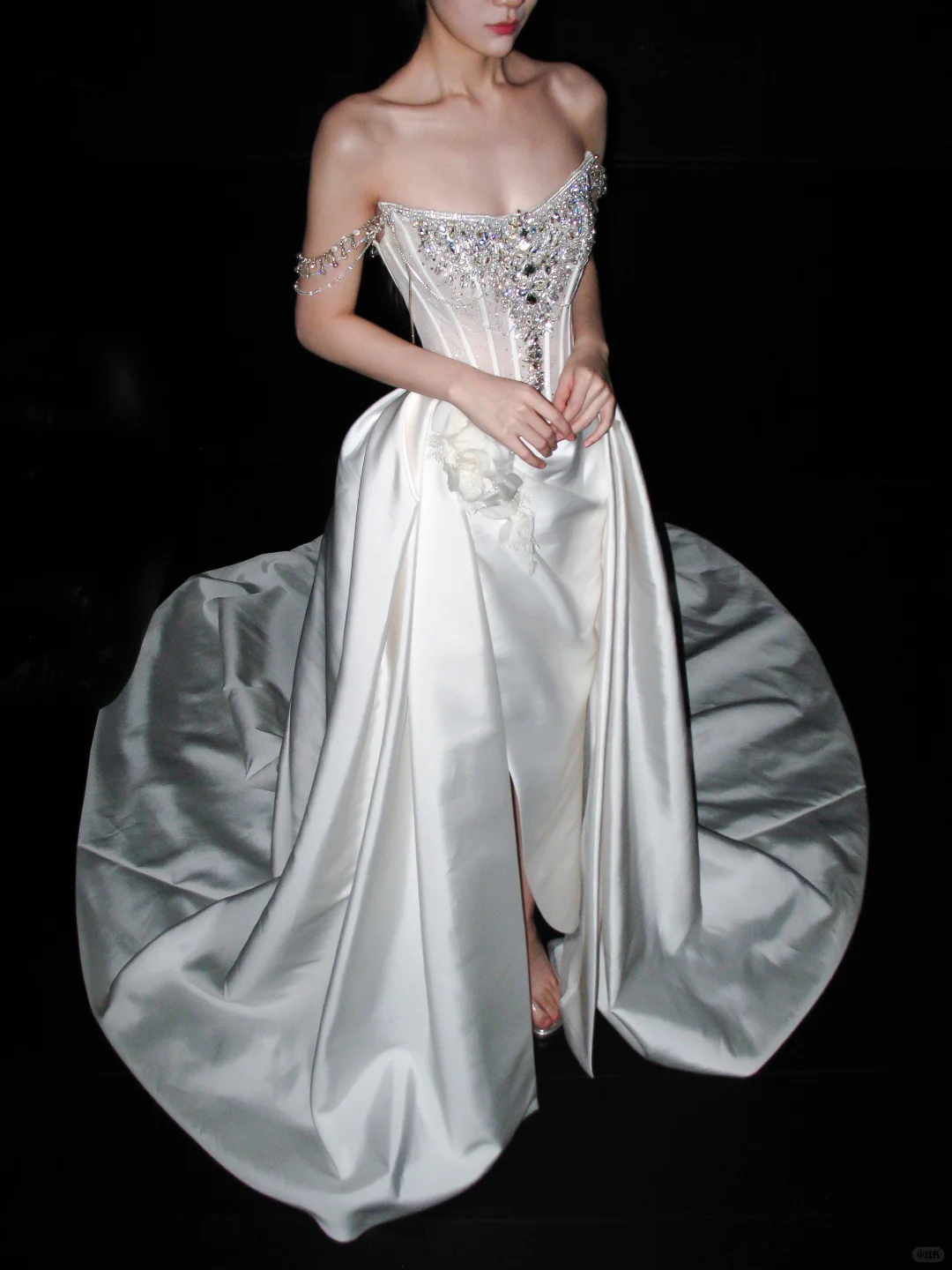 Shiny A Line Straps Rhinestone White Satin Long Wedding Dress with Slit DP8084