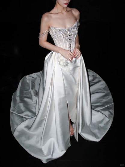 Shiny A Line Straps Rhinestone White Satin Long Wedding Dress with Slit DP8084