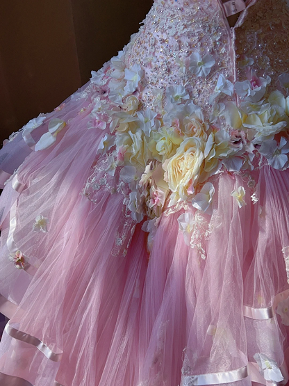 Stunning Pink Ball Gown Floral Beaded Layered Tulle Prom Dress 16th Birthday Dress DP5020