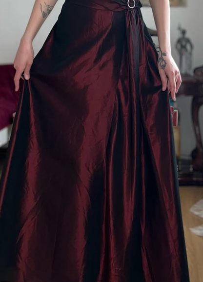 Vintage Dark Burgundy A Line Satin Prom Dress Evening Dress Date Dress DP5705