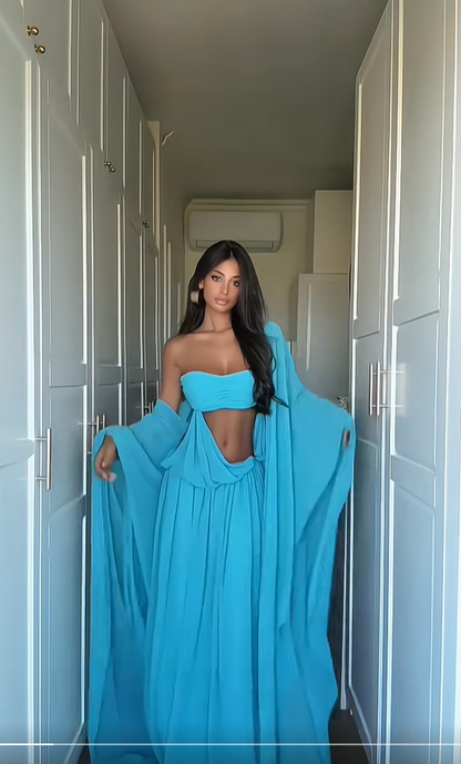 Stunning Blue A Line Strapless Flowy Chiffon Long Prom Dress Date Dress DP4516