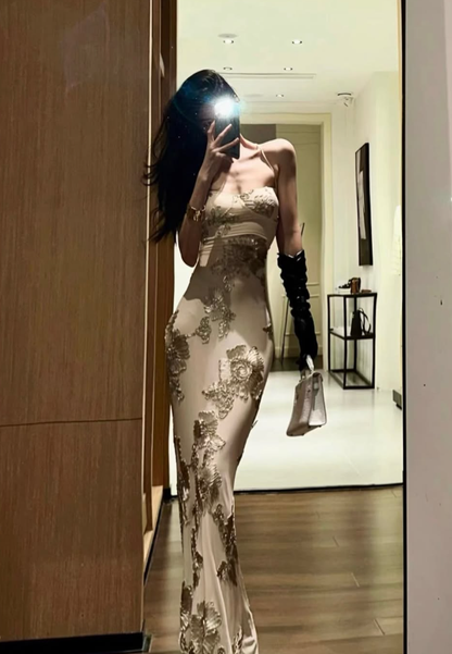 Romantic Mermaid Spaghetti Strap Appliques Satin Long Prom Dress Evening Dress DP7962