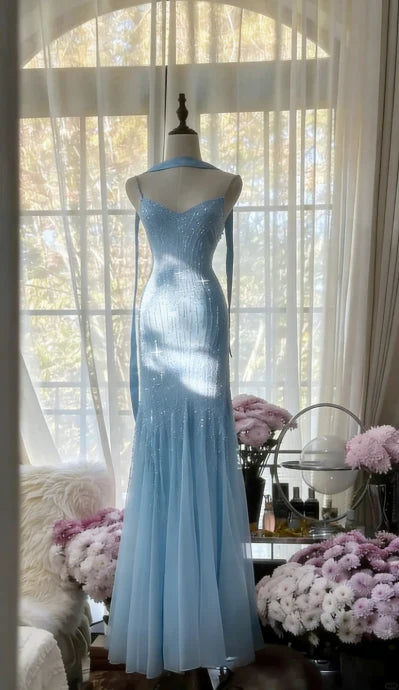 Lilac Mermaid Spaghetti Strap Beaded Chiffon Long Prom Dress Graduation Prom Dress DP5745