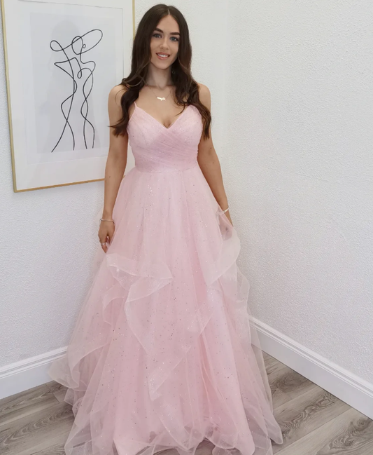 Sweety Light Pink A Line Strap Sequin Tulle Prom Dress Evening Dress DP6358