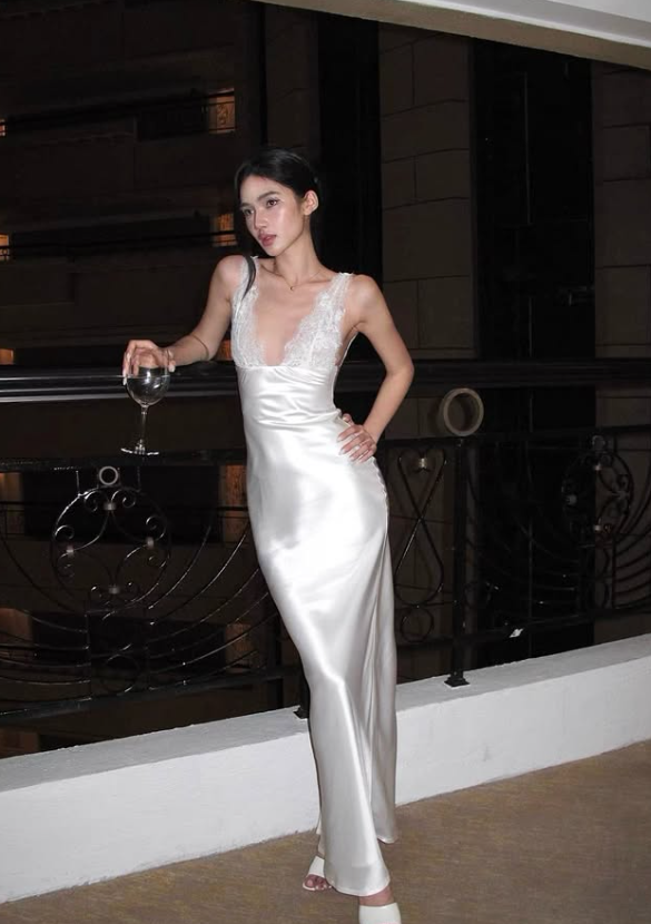 White Sheath V Neck Lace Satin Long Prom Dress Evening Dress DP7959