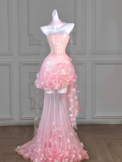 Pink Mermaid Strapless 3D Flower Corset Tulle Long Party Dress Evening Dress DP2593