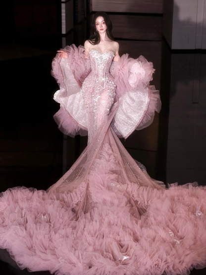 Pink Mermaid Sweetheart Neck Exquisite Beaded Sequin Tulle Prom Dress DP4383