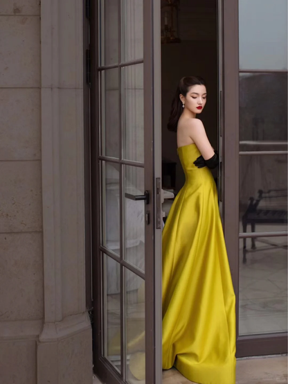Simple A Line Strapless Yellow Satin Long Prom Dress Party Dress DP2515