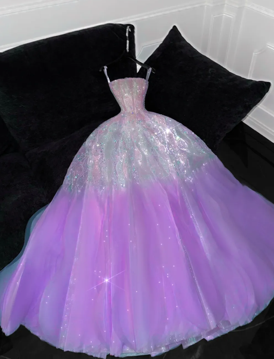 Dreamy Purple Ombre A Line Strapless Beaded Tulle Prom Dress Birthday Dress Party Dress DP3088