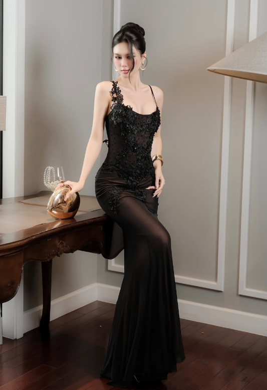 Sexy Black Sheath Spaghetti Strap Lace Appliques Tulle Prom Dress Evening Dress DP6138
