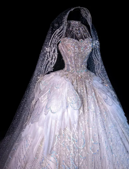 Luxurious Ball Gown Halter Layered Sequin Beaded Tulle Long Sweep Wedding Dress DP5052