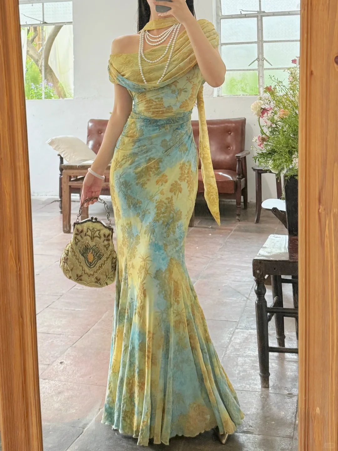 Unique Blue-green Ombre Mermaid Print Floral Chiffon Prom Dress Evening Dress DP6456
