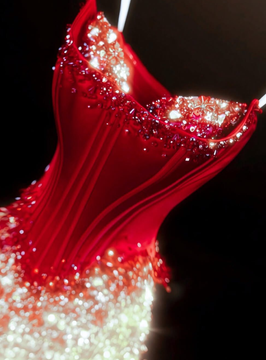 Charming Red Ombre Mermaid Strapless Beaded Satin Tulle Prom Dress Evening Dress DP6618