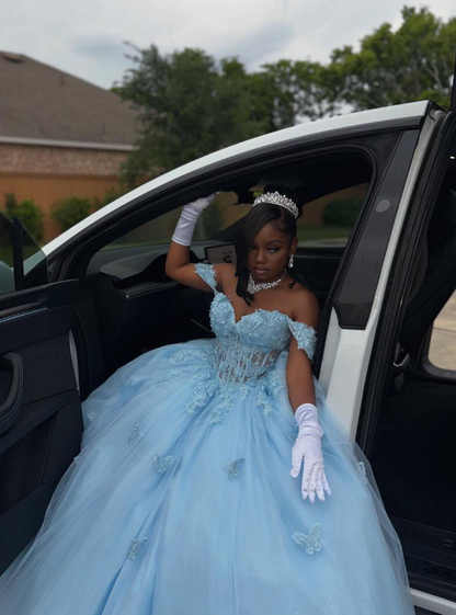 Princess Blue Ball Gown Off the Shoulder Beaded Corset Tulle 16th Birthday Dress DP5063