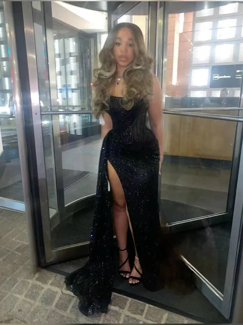 Sexy Black A Line Strapless Sequin Slit Long Prom Dress Evening Dress Date Dress DP3053