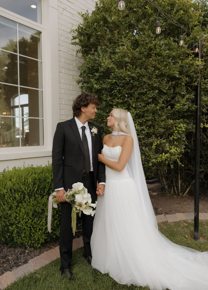Classic Simple A Line Strapless White Tulle Satin Long Wedding Dress DP6077