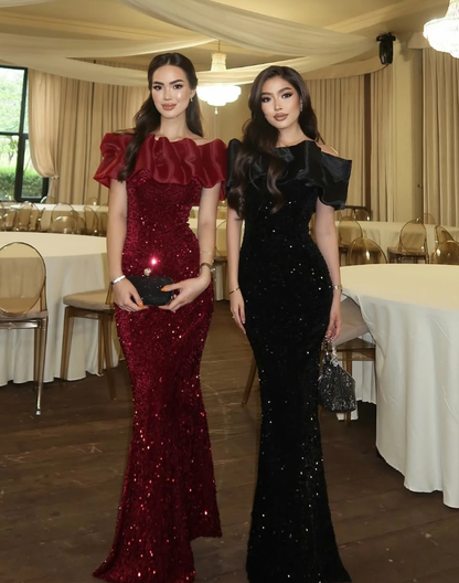 Shiny Burgundy Mermaid Off the Shoulder Sequin Long Prom Dress Evening Dress DP6936