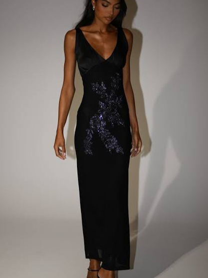 Sexy Black Sheath Halter Beaded Tulle Open Back Long Prom Dress Evening Dress DP4768