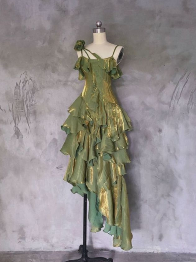 Green Asymmetrical Layered Ruffles Evening Gown Prom Dress Outfits DP669