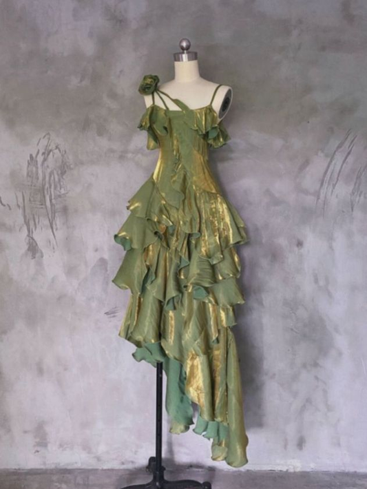 Green Asymmetrical Layered Ruffles Evening Gown Prom Dress Outfits DP669