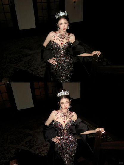 Black Sexy Mermaid Sweetheart Neck Beaded Tulle Prom Dress 16th Birthday Dress DP4248