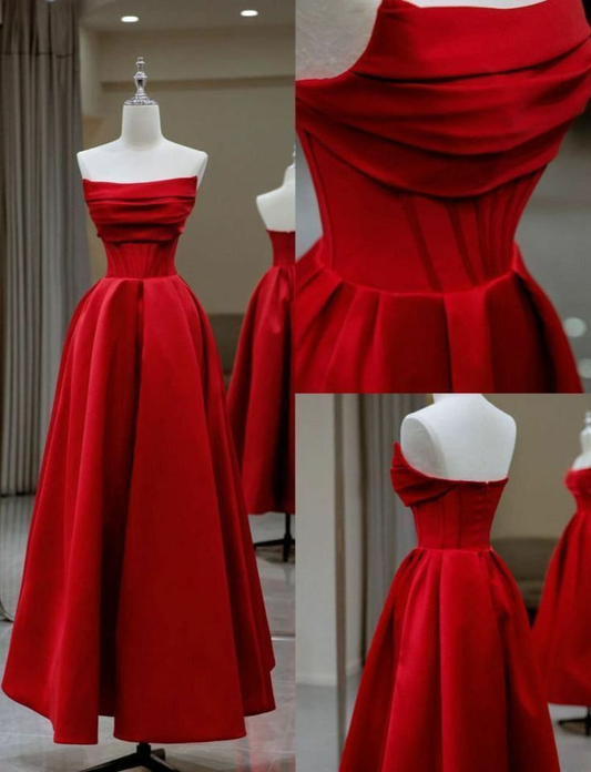 Elegant Red Strapless A Line Satin Evening Dress Long Party Prom Dress  DP705