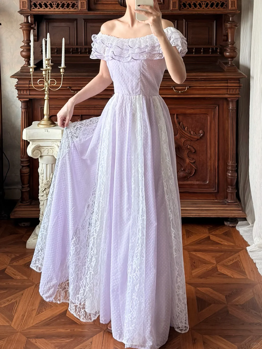 Fairy Lilac A Line Off the Shoulder Lace Chiffon Prom Dress Party Evening Dress DP5322
