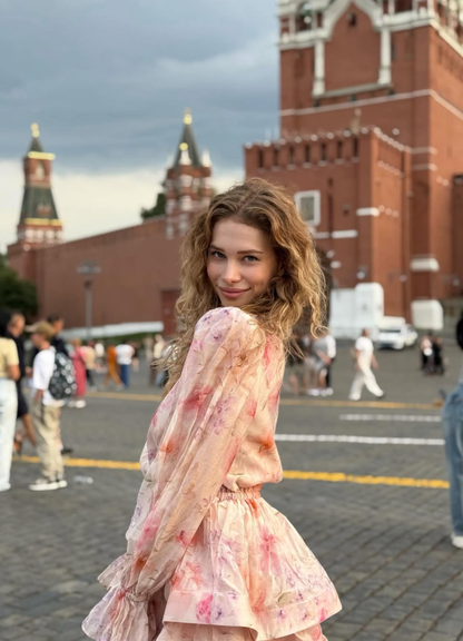 Pink Print Floral A Line Long Sleeve Chiffon Homecoming Dress Vacation Dress Outfits DP3493