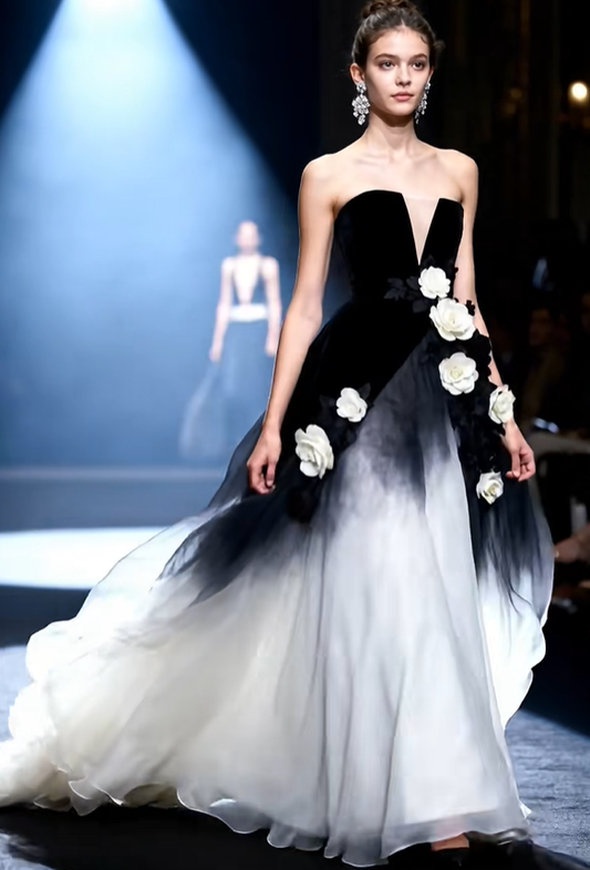 Elegant Black-White Ombre A Line V Neck Floral Chiffon Prom Dress DP4652