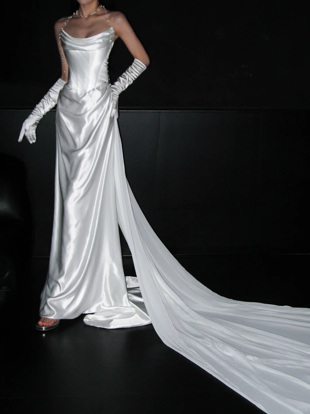 Chic Sheath Strapless White Corset Satin Long Wedding Dress DP8103