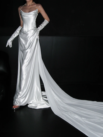 Chic Sheath Strapless White Corset Satin Long Wedding Dress DP8103