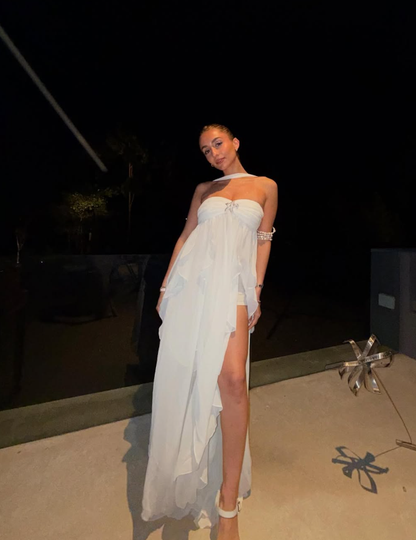 Flowy White A Line Halter Ruffle Chiffon Prom Dress Party Dress Vacation Dress DP3525