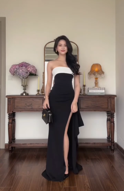 Classic Sheath Strapless White Black Satin Prom Dress with Slit DP4364