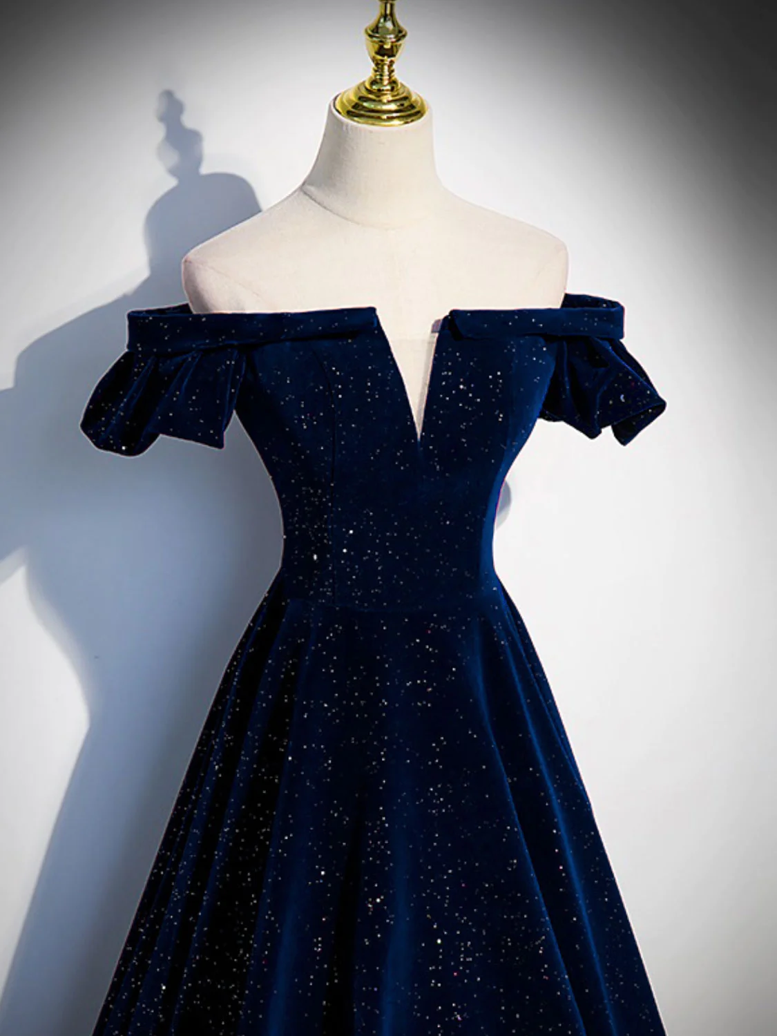 A-Line Off Shoulder Velvet Navy Blue Long Prom Dress Formal Evening Dress DP303