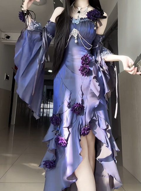 Stunning Purple Mermaid Strap Rose Layered Satin Prom Dress Graduation Ball Gown DP4564